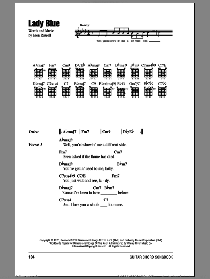 Lady Blue sheet music for guitar (chords) by Leon Russell and George Benson, intermediate skill level