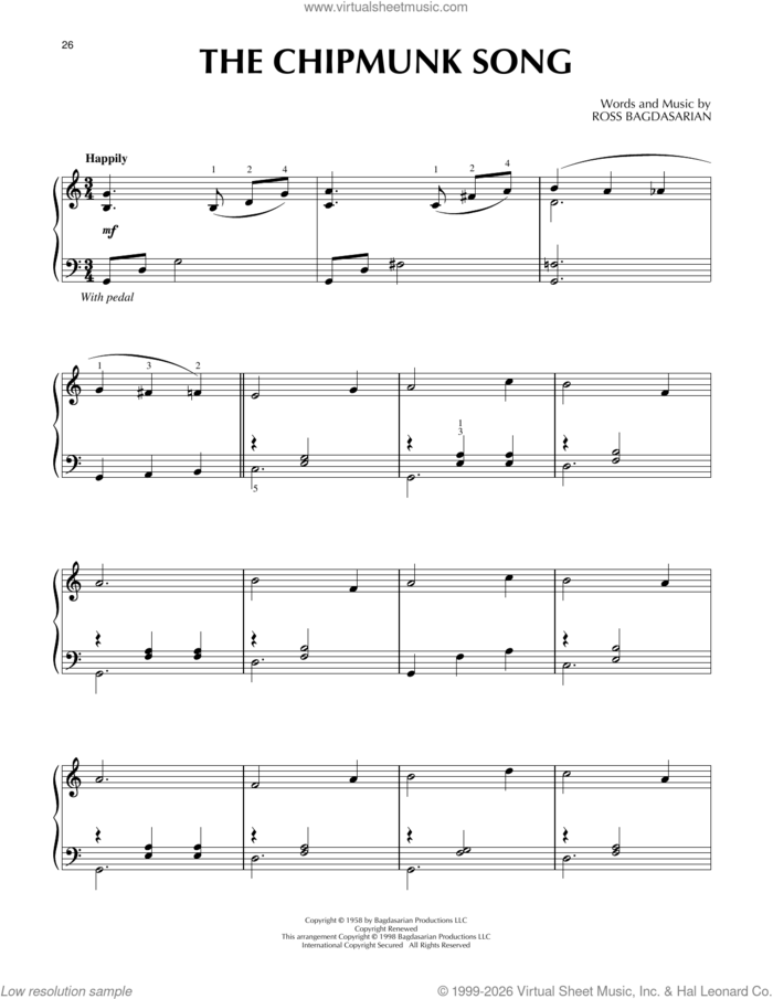The Chipmunk Song sheet music for piano solo by Alvin And The Chipmunks and Ross Bagdasarian, intermediate skill level