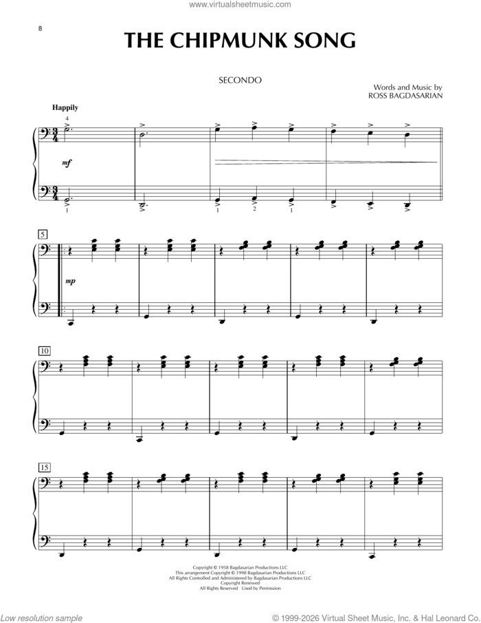 The Chipmunk Song sheet music for piano four hands by Alvin And The Chipmunks and Ross Bagdasarian, intermediate skill level