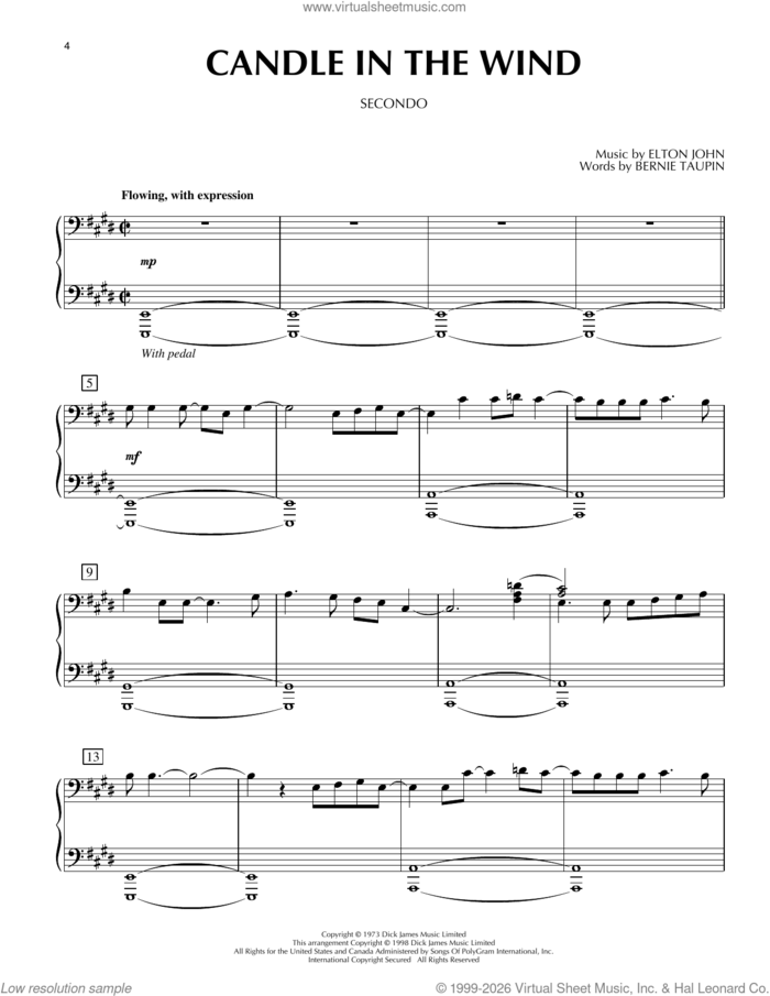 Candle In The Wind sheet music for piano four hands by Elton John and Bernie Taupin, intermediate skill level