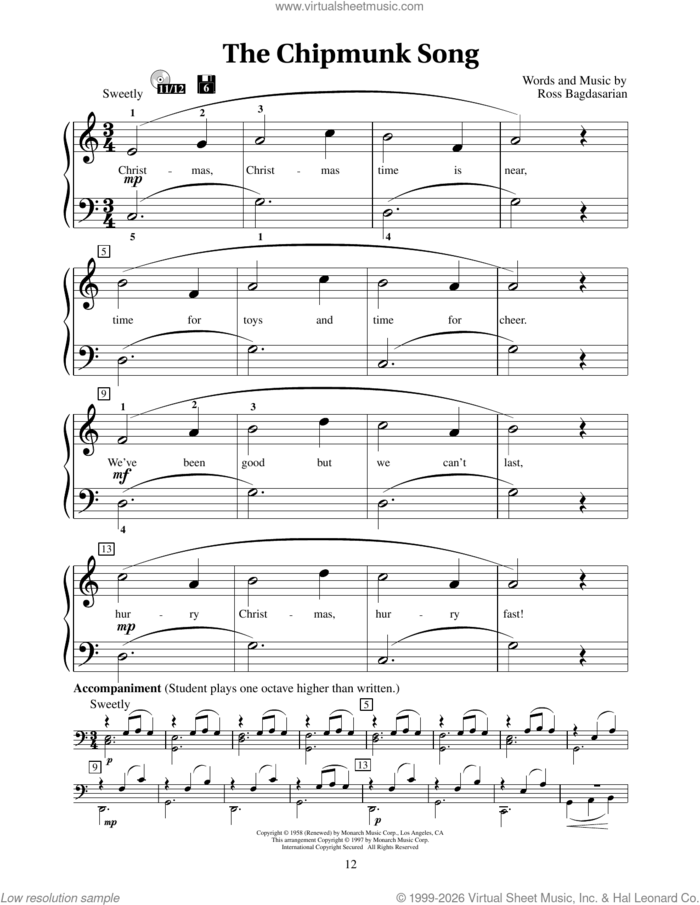 The Chipmunk Song sheet music for piano solo (elementary) by Alvin And The Chipmunks, Fred Kern, Mona Rejino, Phillip Keveren and Ross Bagdasarian, beginner piano (elementary)