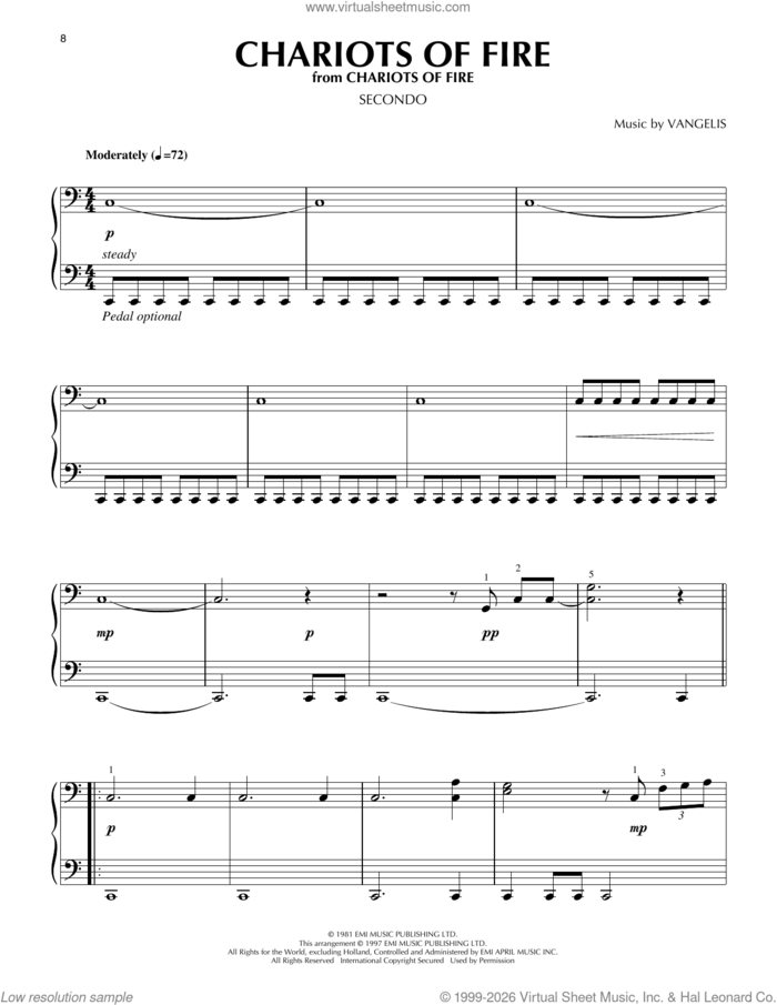 Chariots Of Fire sheet music for piano four hands by Vangelis, intermediate skill level