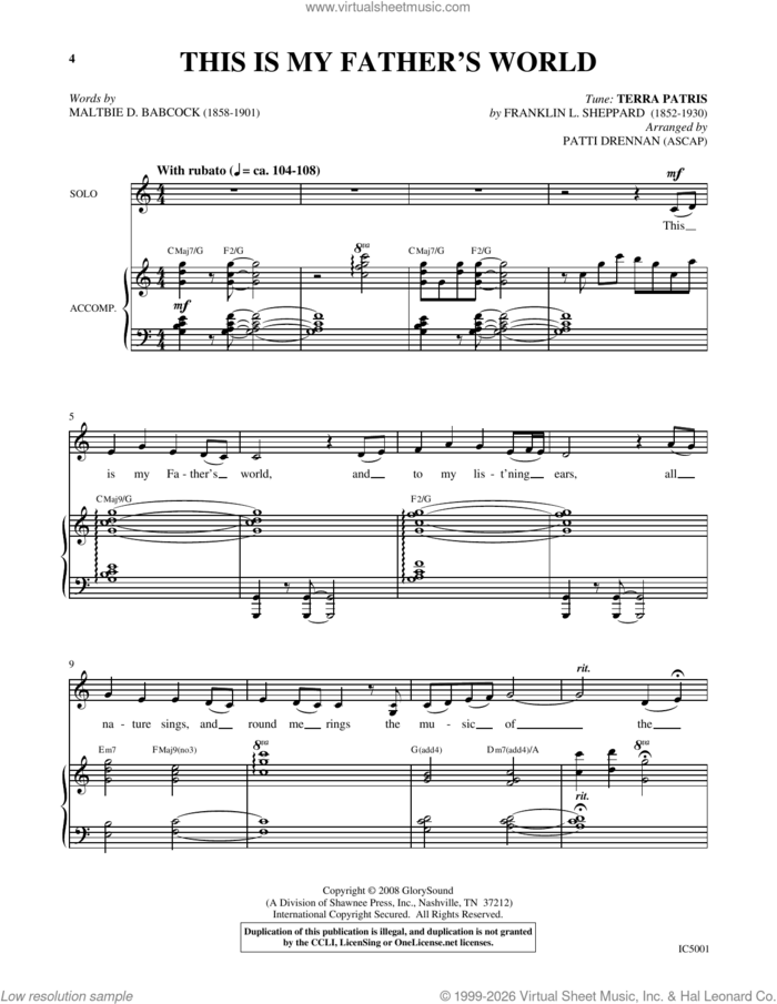 This Is My Father's World sheet music for voice and piano by Patti Drennan, Franklin L. Sheppard and Maltbie D. Babcock, intermediate skill level
