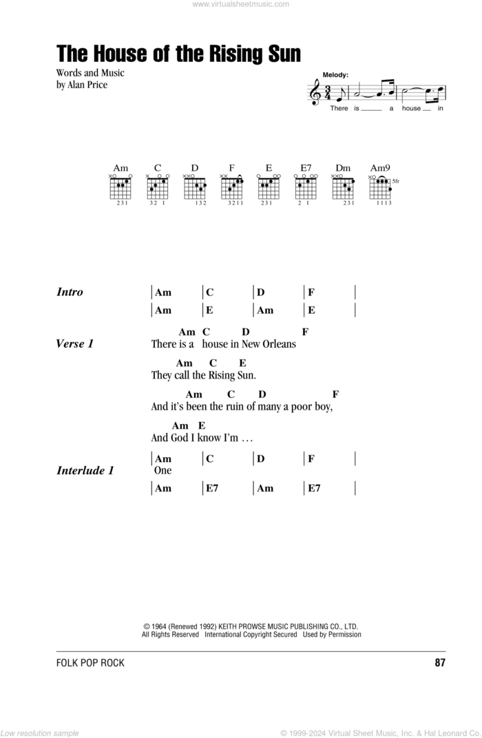 The House Of The Rising Sun sheet music for guitar (chords) by The Animals and Alan Price, intermediate skill level