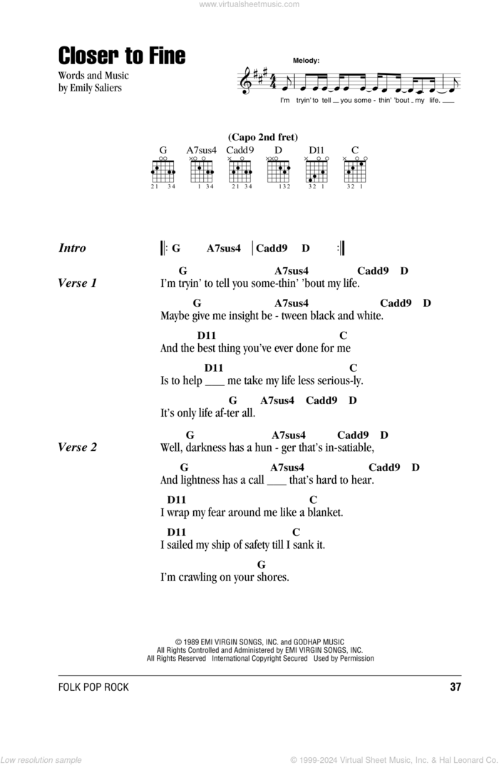 Closer To Fine sheet music for guitar (chords) by Indigo Girls and Emily Saliers, intermediate skill level