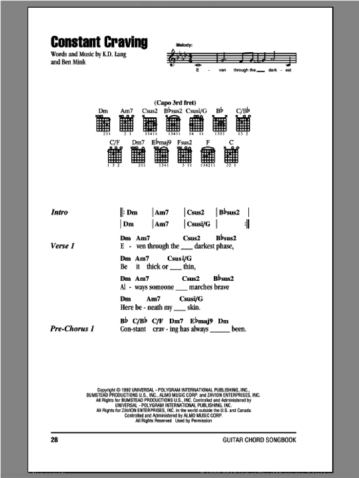 Constant Craving sheet music for guitar (chords) by K.D. Lang and Ben Mink, intermediate skill level