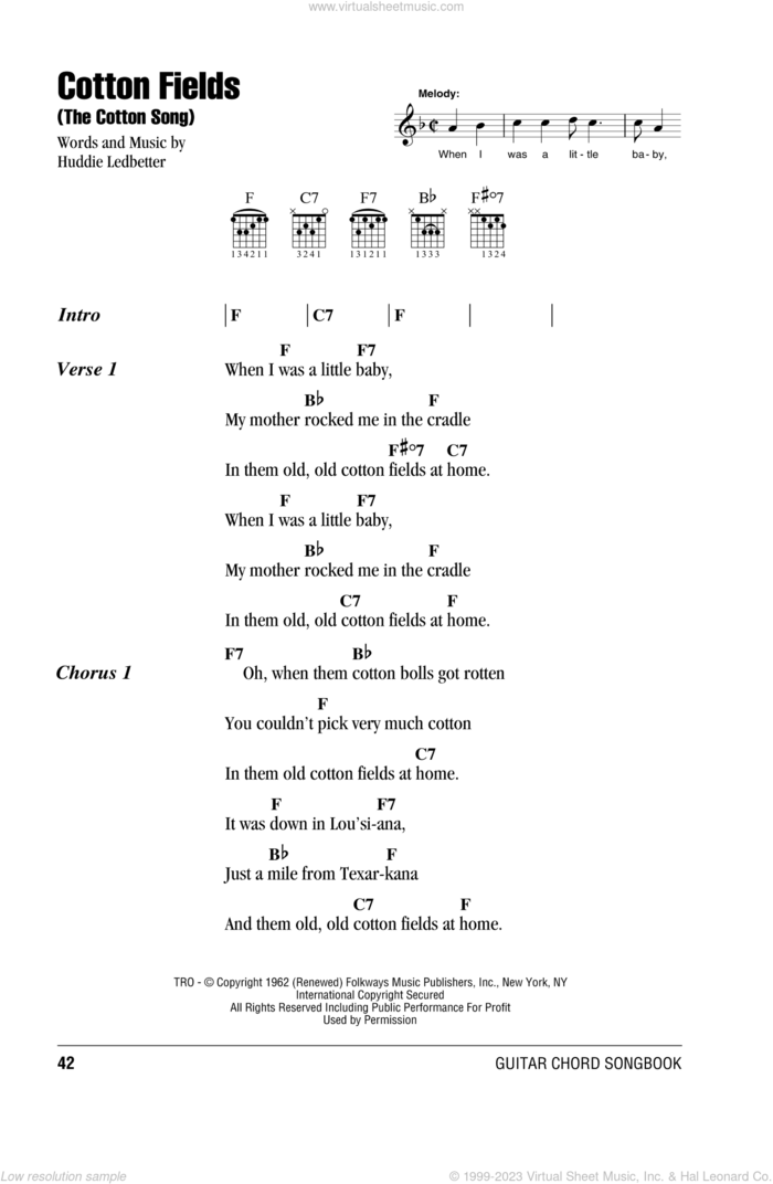 Cotton Fields (The Cotton Song) sheet music for guitar (chords) by Creedence Clearwater Revival, The Highwaymen and Huddie Ledbetter, intermediate skill level