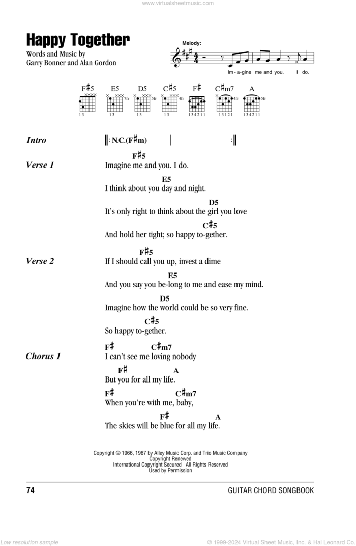 Happy Together sheet music for guitar (chords) by The Turtles, Alan Gordon and Garry Bonner, intermediate skill level