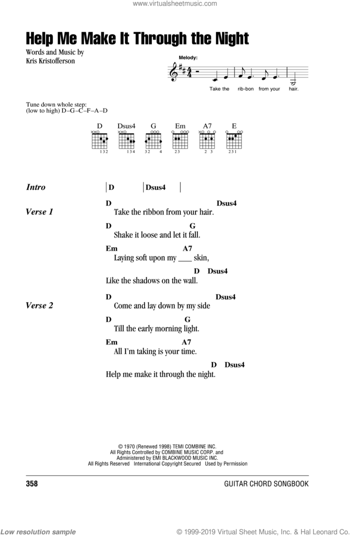 Help Me Make It Through The Night sheet music for guitar (chords) by Kris Kristofferson, Elvis Presley, Sammi Smith and Willie Nelson, intermediate skill level
