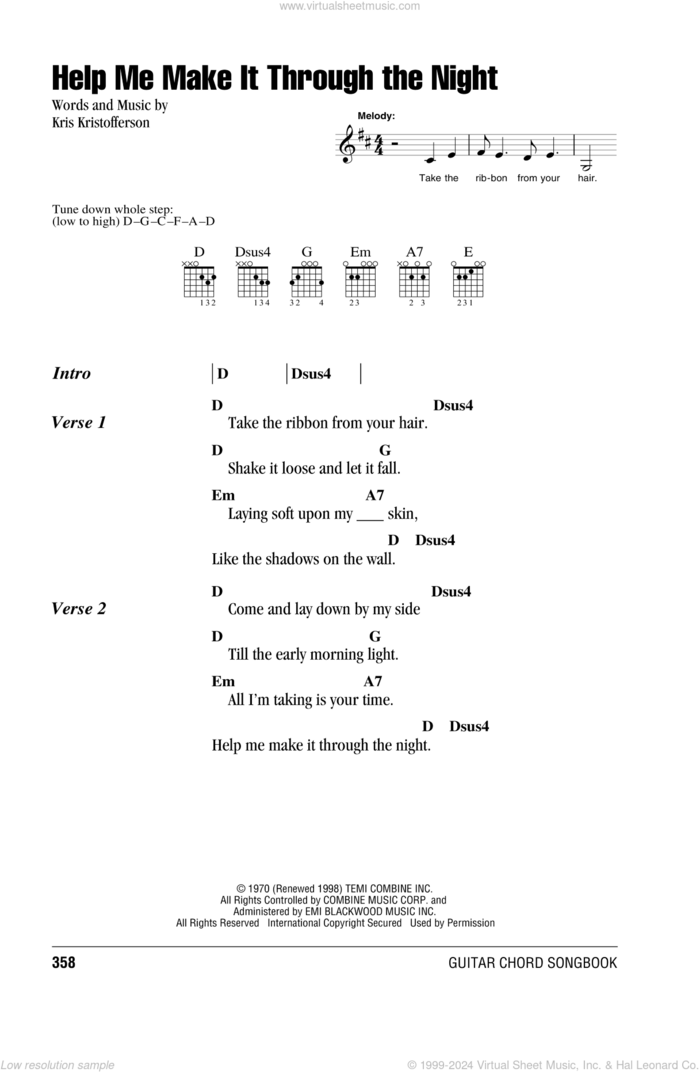 Help Me Make It Through The Night sheet music for guitar (chords) by Kris Kristofferson, Elvis Presley, Sammi Smith and Willie Nelson, intermediate skill level