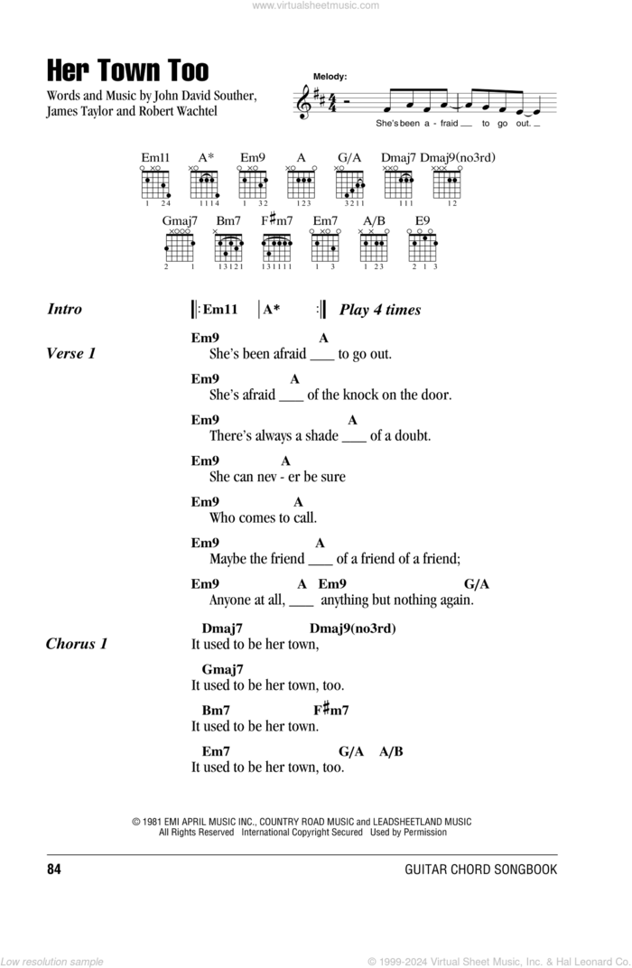 Her Town Too sheet music for guitar (chords) by James Taylor with J.D. Souther, James Taylor, John David Souther and Robert Wachtel, intermediate skill level
