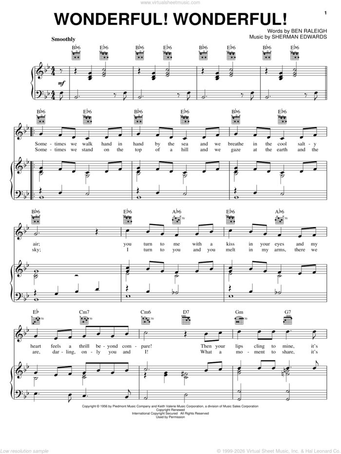 Wonderful! Wonderful! sheet music for voice, piano or guitar by Johnny Mathis, The Tymes, Ben Raleigh and Sherman Edwards, intermediate skill level