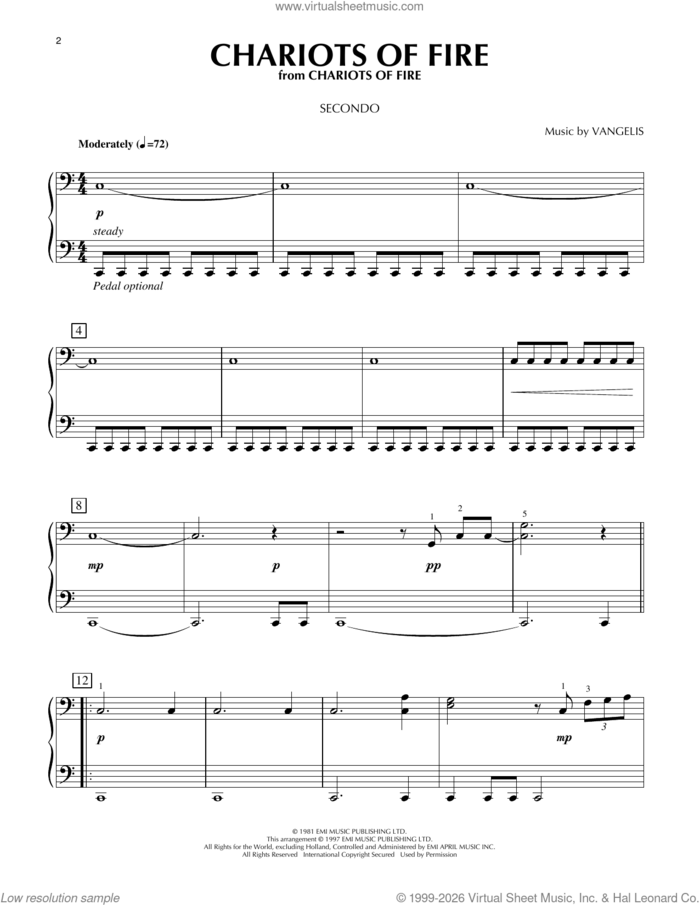 Chariots Of Fire sheet music for piano four hands by Vangelis, intermediate skill level