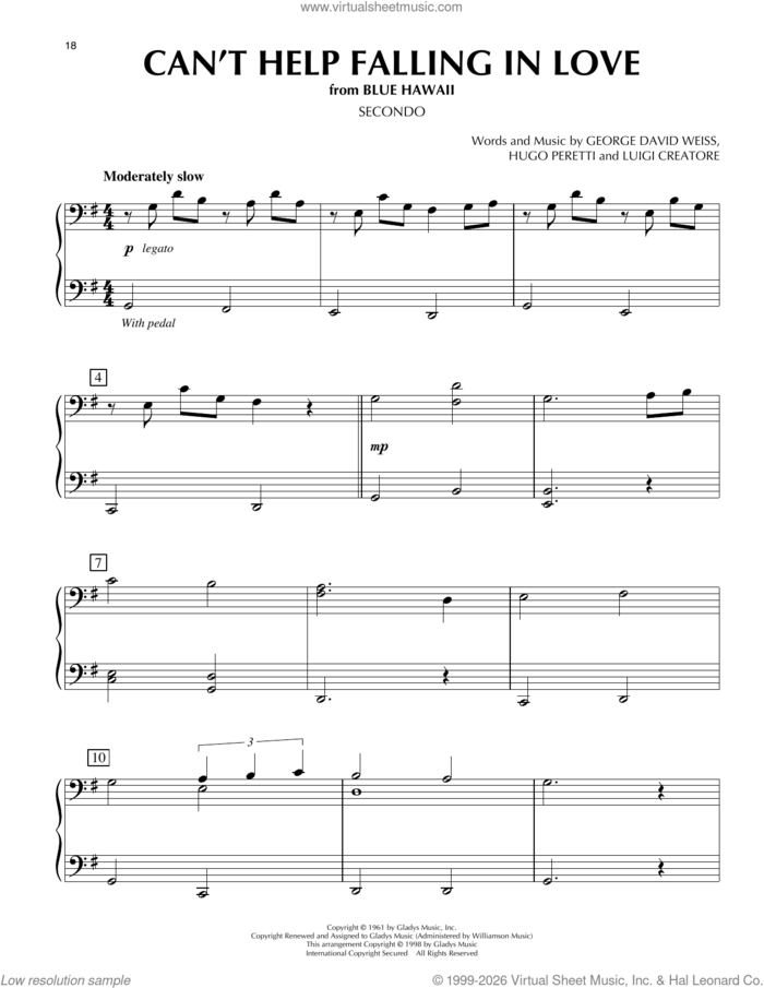 Can't Help Falling In Love sheet music for piano four hands by Elvis Presley, George David Weiss, Hugo Peretti and Luigi Creatore, intermediate skill level