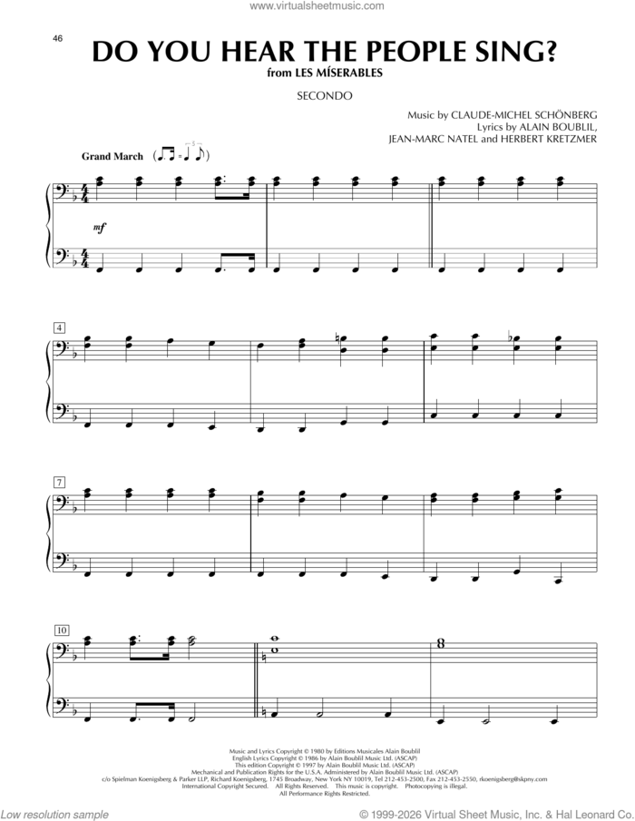 Do You Hear The People Sing? (from Les Miserables) sheet music for piano four hands by Alain Boublil, Boublil & Schonberg, Claude-Michel Schonberg, Herbert Kretzmer and Jean-Marc Natel, intermediate skill level