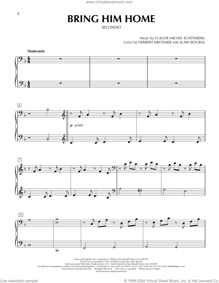 Bring Him Home (from Les Miserables) sheet music for piano four hands by Alain Boublil, Boublil & Schonberg, Claude-Michel Schonberg and Herbert Kretzmer, intermediate skill level