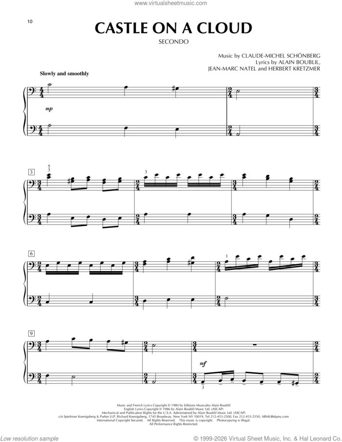 Castle On A Cloud (from Les Miserables) sheet music for piano four hands by Alain Boublil, Boublil & Schonberg, Claude-Michel Schonberg, Herbert Kretzmer and Jean-Marc Natel, intermediate skill level