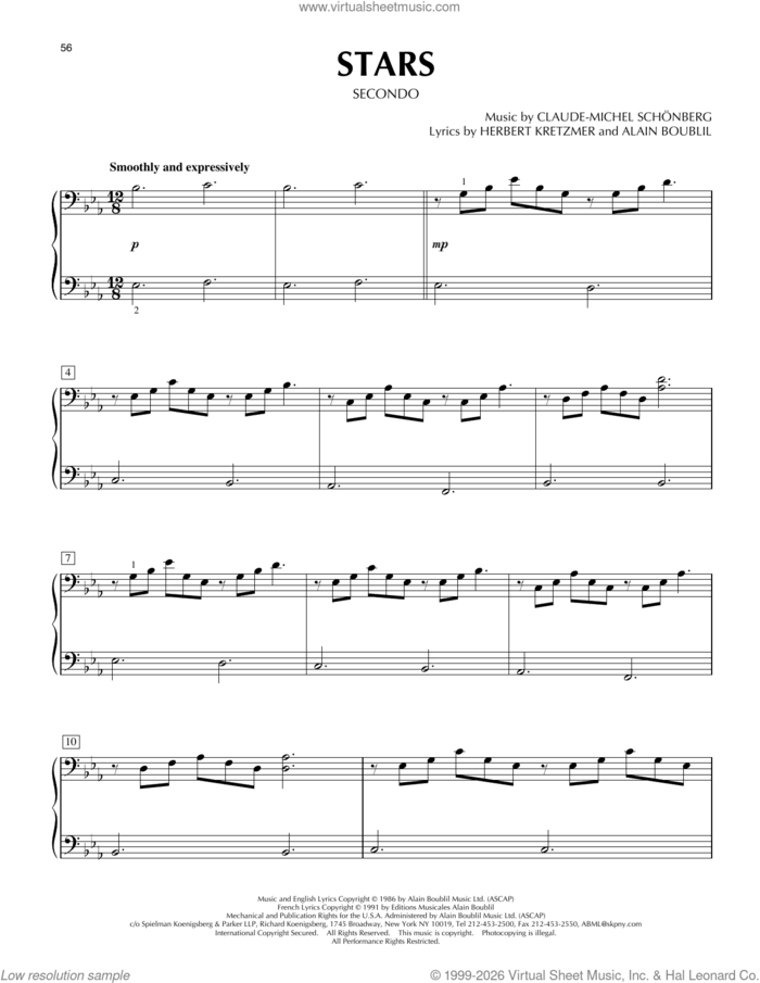 Stars (from Les Miserables) sheet music for piano four hands by Alain Boublil, Boublil & Schonberg, Claude-Michel Schonberg and Herbert Kretzmer, intermediate skill level
