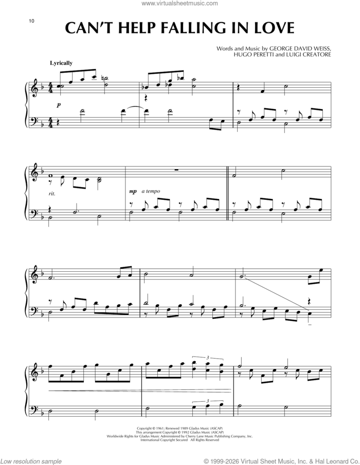 Can't Help Falling In Love sheet music for piano solo by Elvis Presley, George David Weiss, Hugo Peretti and Luigi Creatore, intermediate skill level