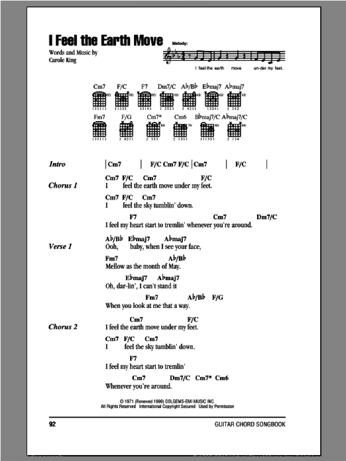 I Feel The Earth Move sheet music for guitar (chords) by Carole King, intermediate skill level