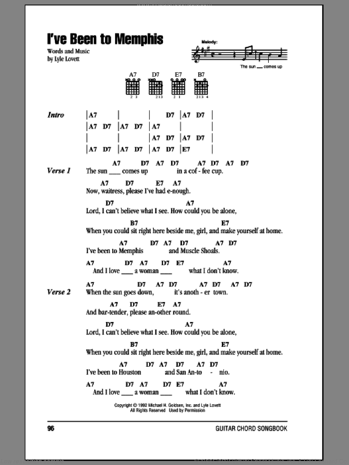 I've Been To Memphis sheet music for guitar (chords) by Lyle Lovett, intermediate skill level