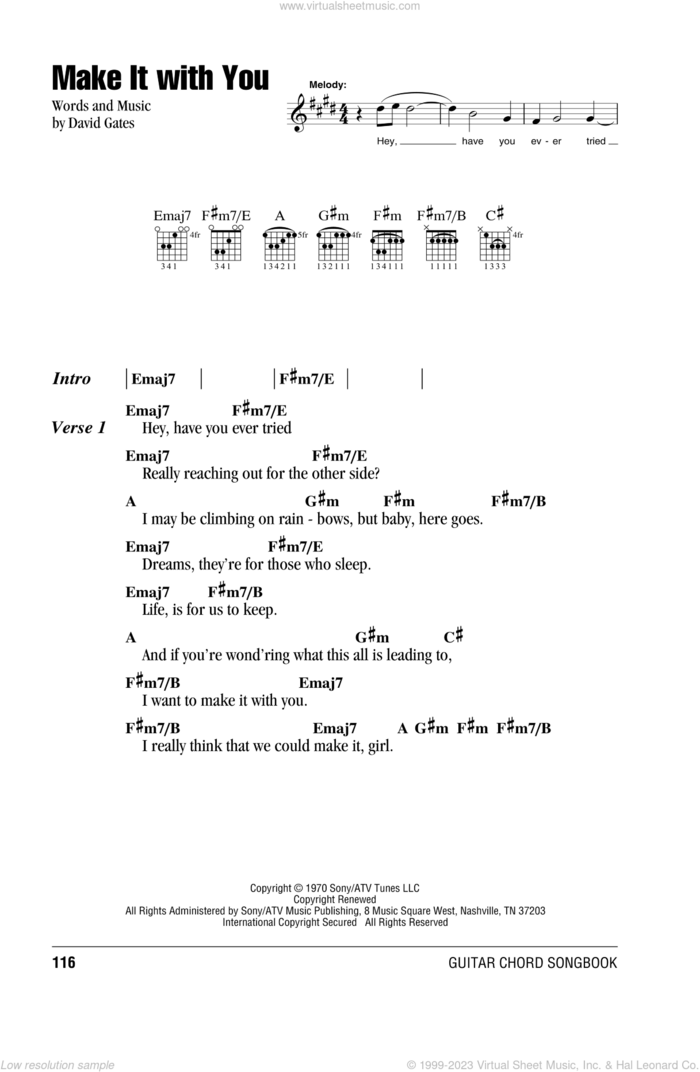 Make It With You sheet music for guitar (chords) by Bread and David Gates, wedding score, intermediate skill level
