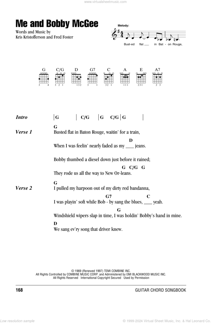 Me And Bobby McGee sheet music for guitar (chords) by Janis Joplin, Fred Foster and Kris Kristofferson, intermediate skill level