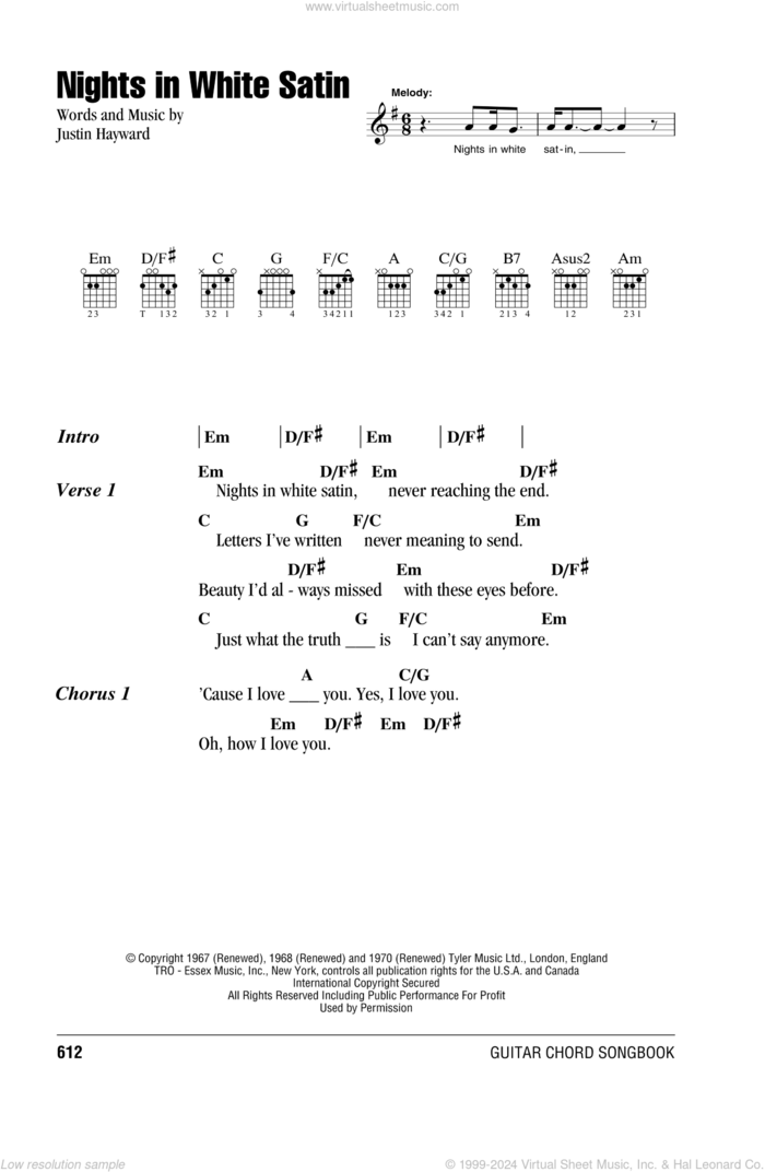 Nights In White Satin sheet music for guitar (chords) by The Moody Blues and Justin Hayward, intermediate skill level