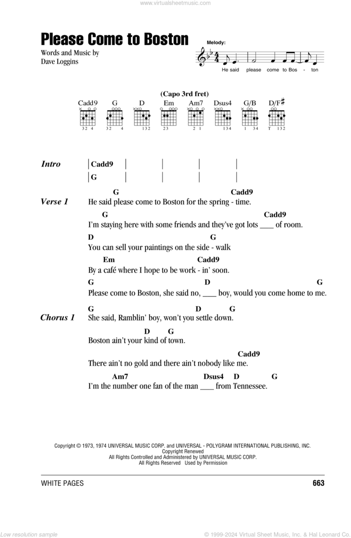 Please Come To Boston sheet music for guitar (chords) by Dave Loggins, intermediate skill level