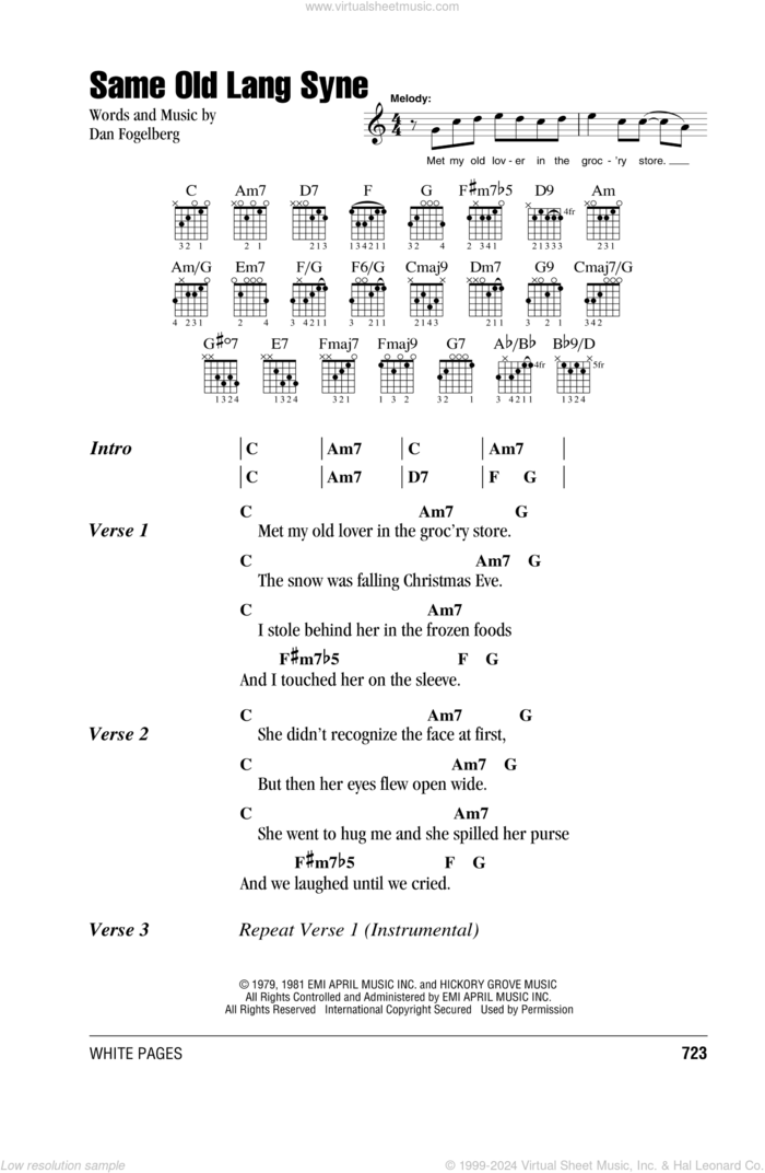 Same Old Lang Syne sheet music for guitar (chords) by Dan Fogelberg, intermediate skill level