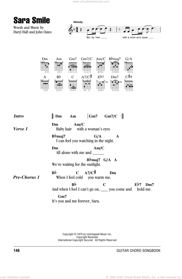 Sara Smile sheet music for guitar (chords) by Hall and Oates, Daryl Hall and John Oates, intermediate skill level