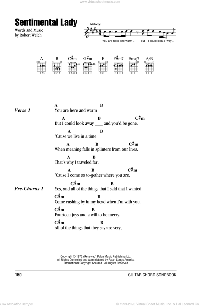 Sentimental Lady sheet music for guitar (chords) by Bob Welch, intermediate skill level