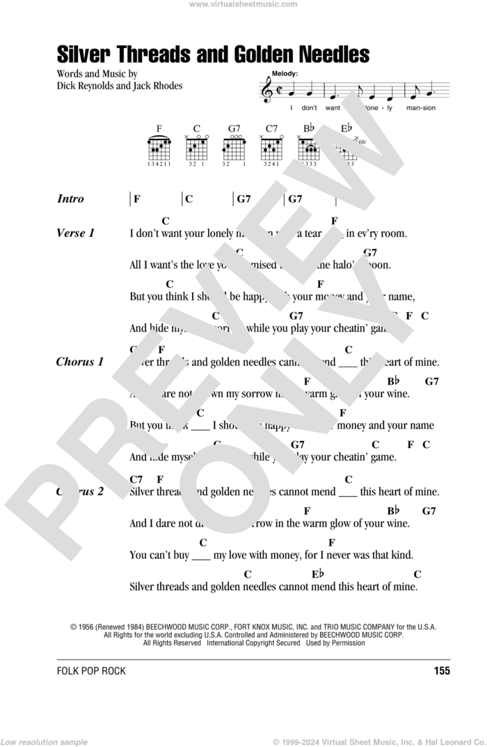 Silver Threads And Golden Needles sheet music for guitar (chords) by Linda Ronstadt, Dick Reynolds and Jack Rhodes, intermediate skill level