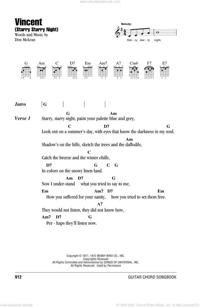 Vincent (Starry Starry Night) sheet music for guitar (chords) by Don McLean, intermediate skill level