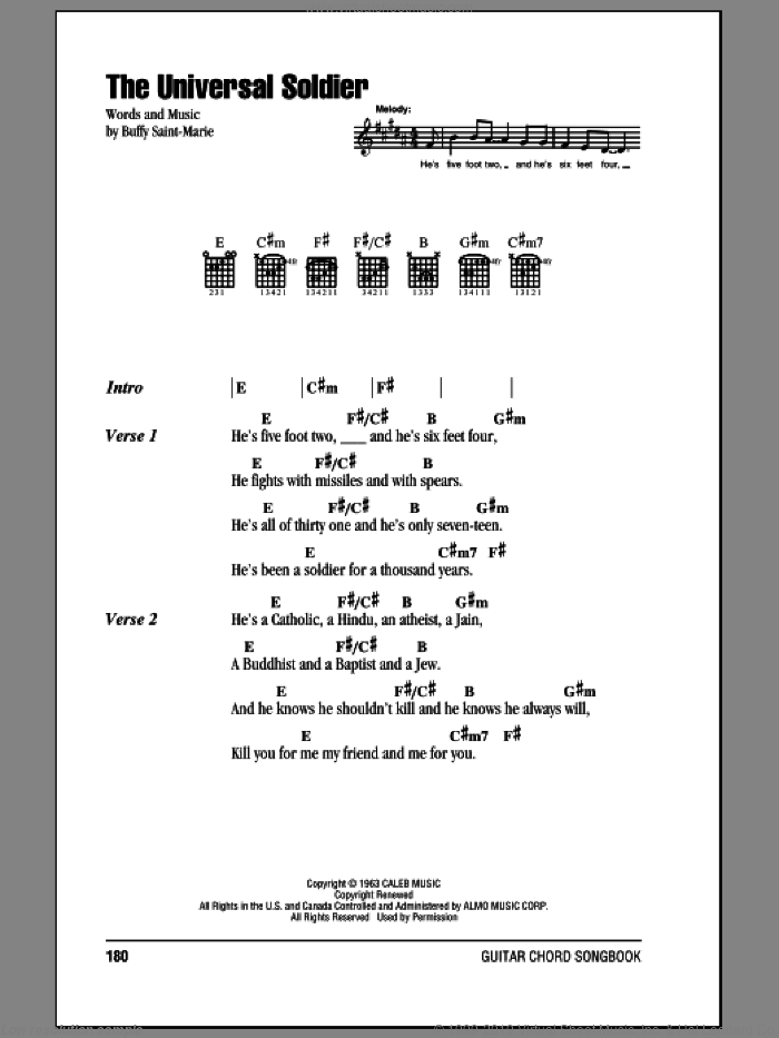 The Universal Soldier sheet music for guitar (chords) by Buffy Sainte-Marie and Walter Donovan, intermediate skill level