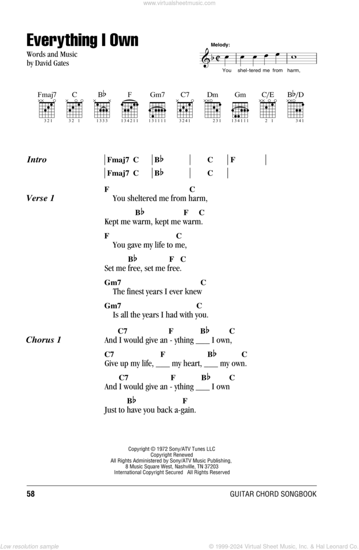 Everything I Own sheet music for guitar (chords) by Bread and David Gates, intermediate skill level