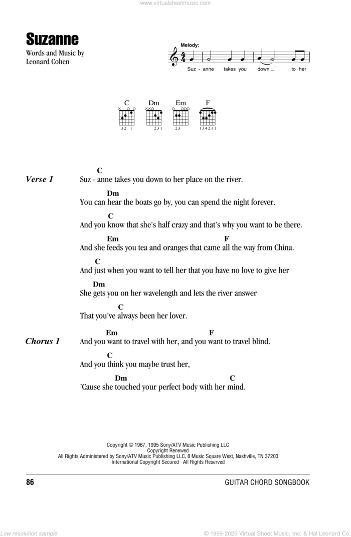 Suzanne sheet music for guitar (chords) by Leonard Cohen, intermediate skill level