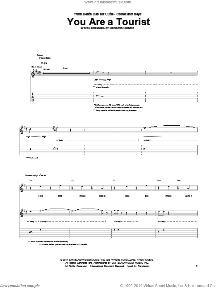 You Are A Tourist sheet music for guitar (tablature) by Death Cab For Cutie and Benjamin Gibbard, intermediate skill level