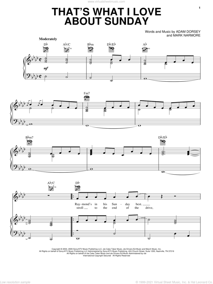That's What I Love About Sunday sheet music for voice, piano or guitar by Craig Morgan, Adam Dorsey and Mark Narmore, intermediate skill level