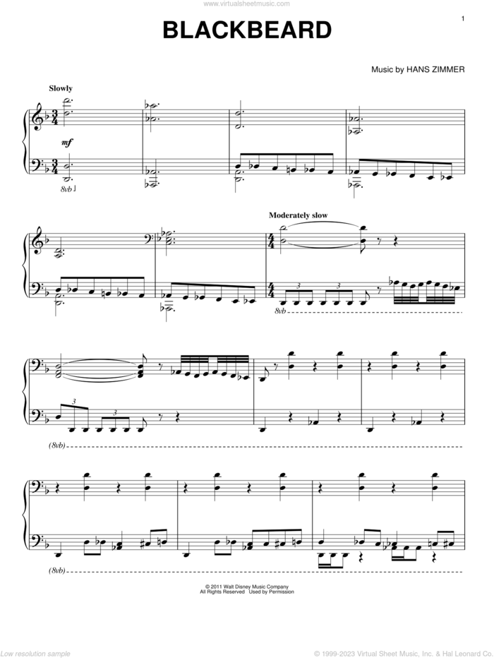 Blackbeard sheet music for piano solo by Hans Zimmer and Pirates Of The Caribbean: On Stranger Tides (Movie), intermediate skill level