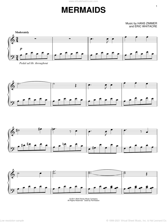 Mermaids, (intermediate) sheet music for piano solo by Hans Zimmer, Pirates Of The Caribbean: On Stranger Tides (Movie) and Eric Whitacre, intermediate skill level
