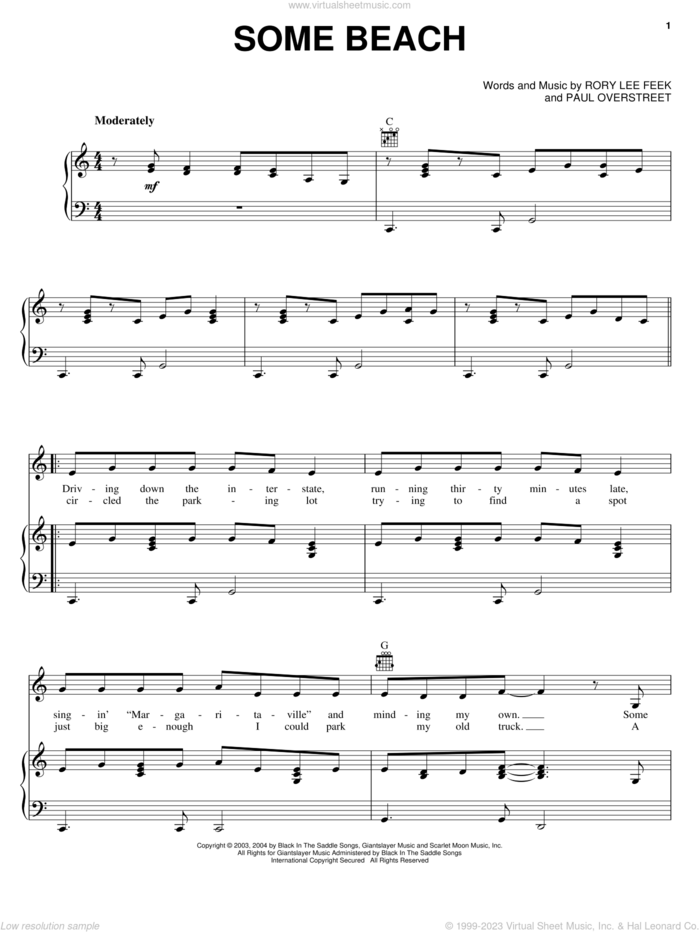 Some Beach sheet music for voice, piano or guitar by Blake Shelton, Paul Overstreet and Rory Lee Feek, intermediate skill level
