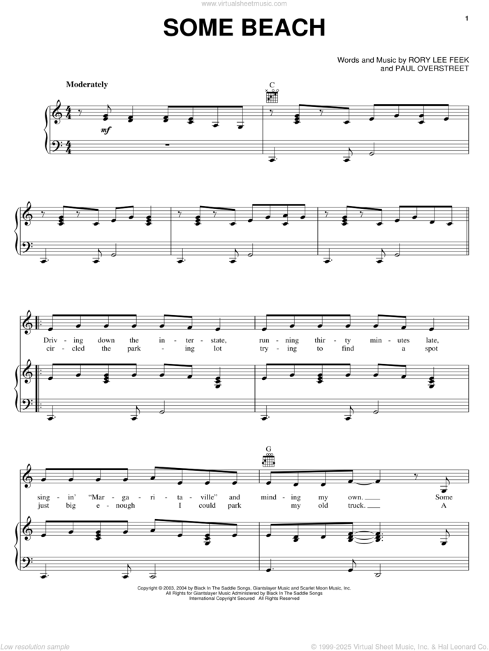 Some Beach sheet music for voice, piano or guitar by Blake Shelton, Paul Overstreet and Rory Lee Feek, intermediate skill level