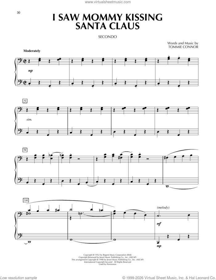 I Saw Mommy Kissing Santa Claus sheet music for piano four hands by Tommie Connor, intermediate skill level