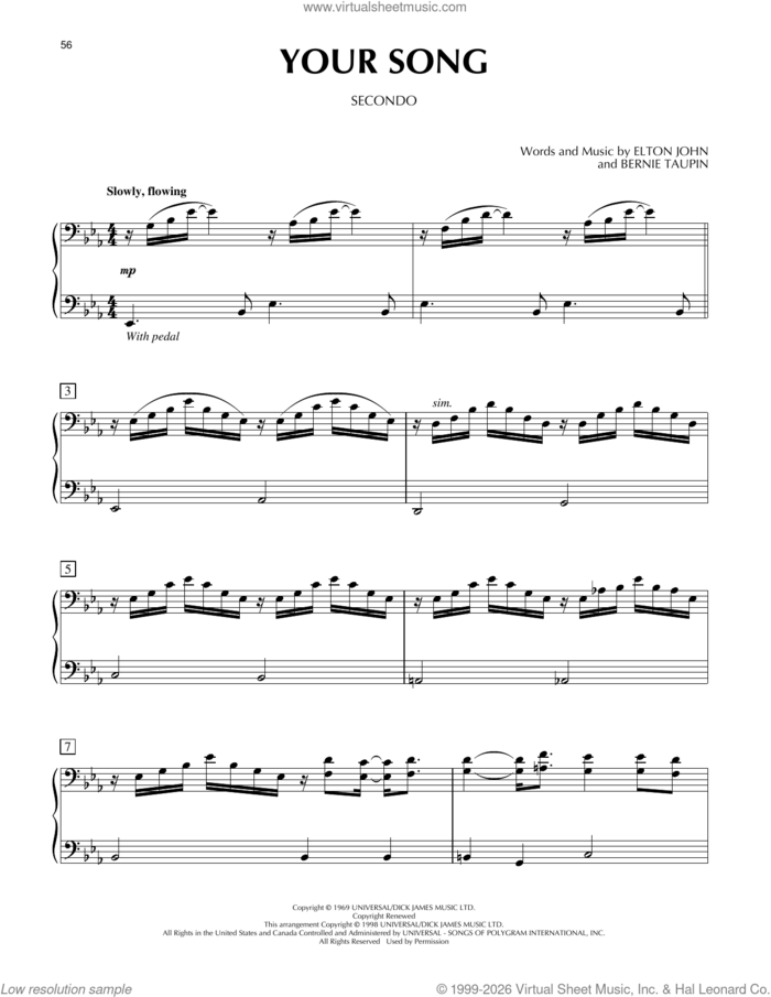 Your Song sheet music for piano four hands by Elton John and Bernie Taupin, intermediate skill level