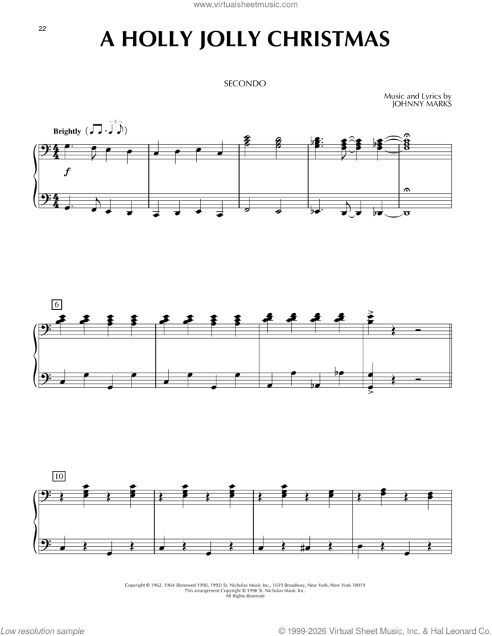 A Holly Jolly Christmas sheet music for piano four hands by Burl Ives and Johnny Marks, intermediate skill level