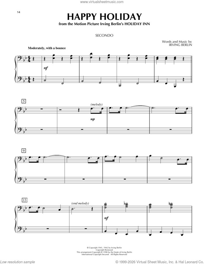 Happy Holiday sheet music for piano four hands by Irving Berlin, intermediate skill level