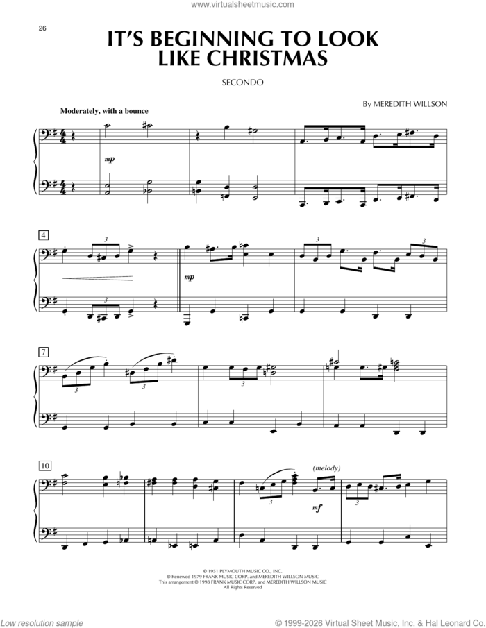 It's Beginning To Look Like Christmas sheet music for piano four hands by Meredith Willson, intermediate skill level