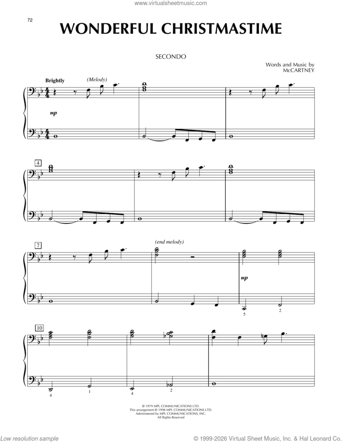 Wonderful Christmastime sheet music for piano four hands by Paul McCartney, intermediate skill level