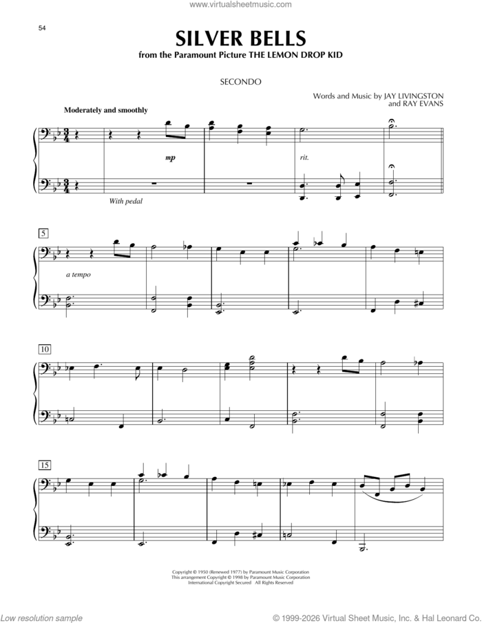 Silver Bells sheet music for piano four hands by Jay Livingston and Ray Evans, intermediate skill level